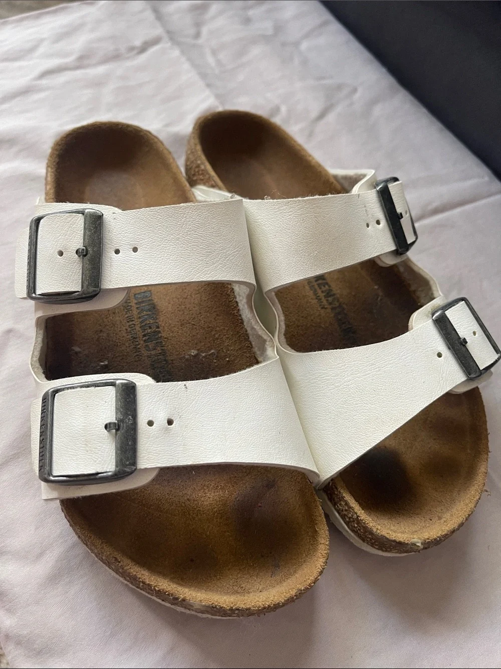 Birkenstock Kids White Arizona Two-Strap Sandal with Silver Buckles size 33